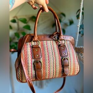 Vintage Woven Satchel Purse Boho Coastal Tote Faux Leather Removable Crossbody